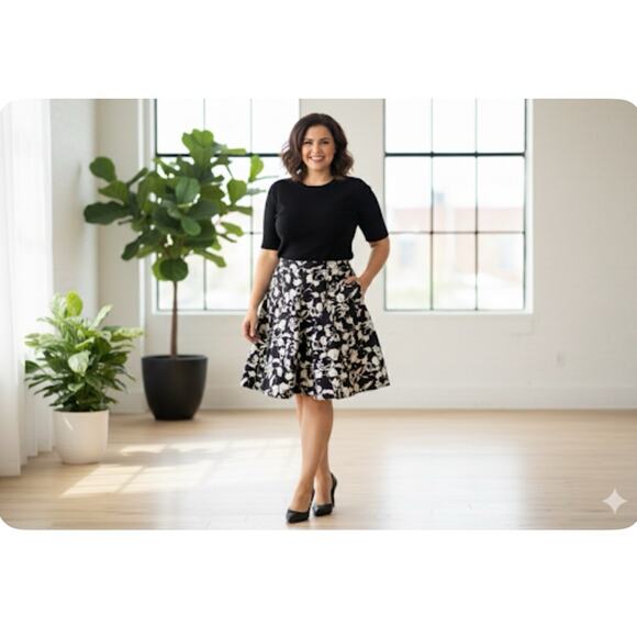 INC Black White Floral Skirt Womens Size 12 A-Line Knee Length Career Stretch - Picture 1 of 5